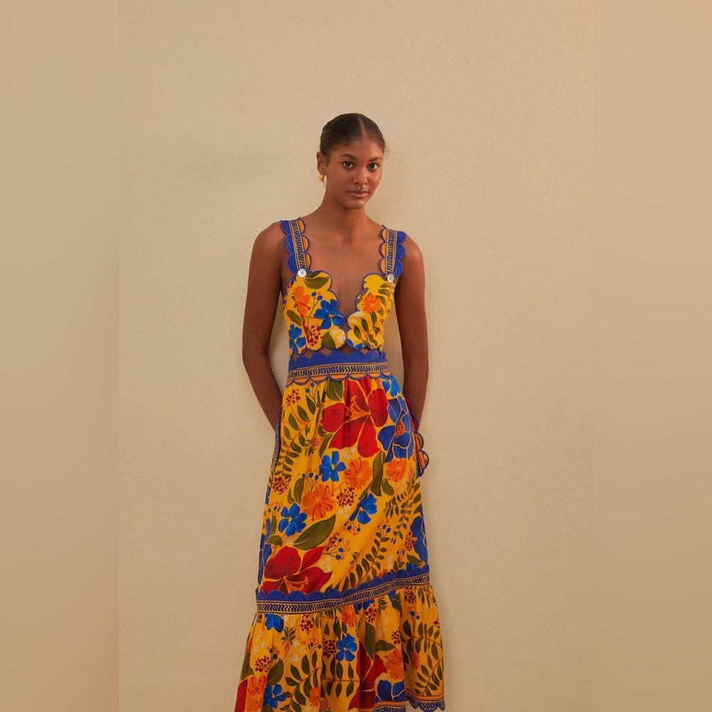 Farm Rio Floral Yard Linen-Blend Midi Dress - Picture 2 of 8